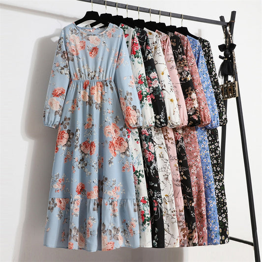 Women Floral Printed Maxi Dresses Spring Summer Casual O Neck Full Sleeve High Waist A Line Boho Beach Party Long Dress Vestidos