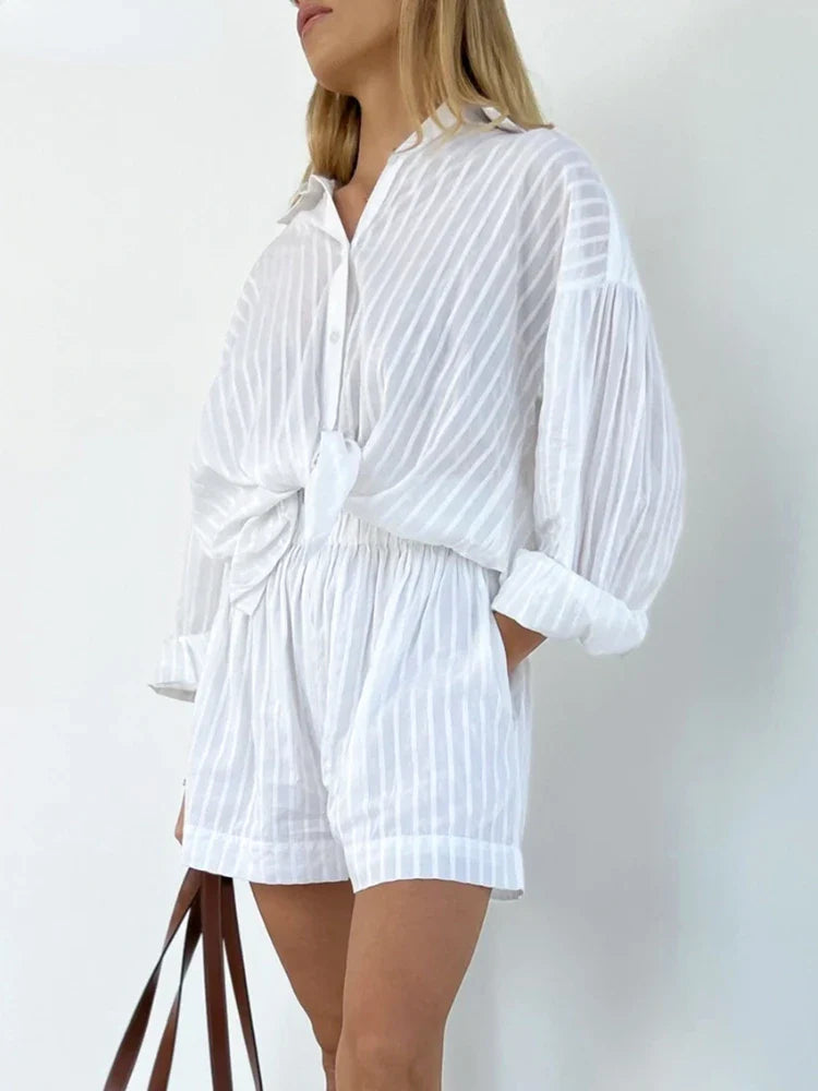 vmtvr Casual Shorts Sets Striped Jacquard 2 Pieces Cozy Lapel Lantern Sleeve Shirt Summer Outfit Elastic Waist Shorts Suits