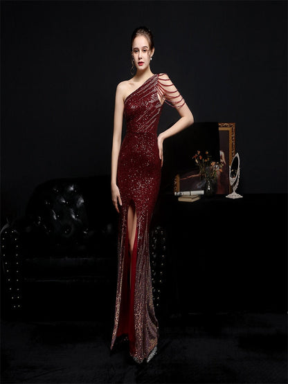 vmtvr - Elegant One Shoulder Slit Gold Sequin Evening Dress  Women Beads Party Maxi Dress