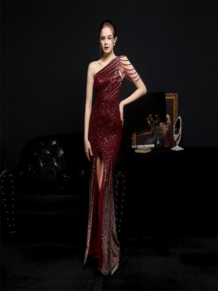 vmtvr - Elegant One Shoulder Slit Gold Sequin Evening Dress 2023 Women Beads Party Maxi Dress