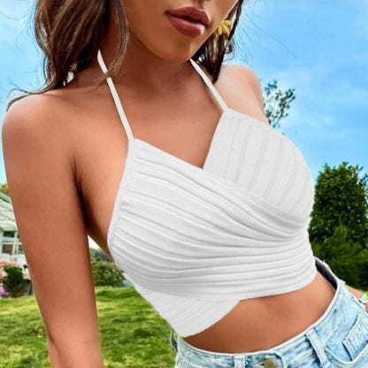 vmtvr Summer Women Sexy Cross Halter Knitting Camis New Fashion Female Clothing Black White Contrast Sweet Short Crop Top Tanks