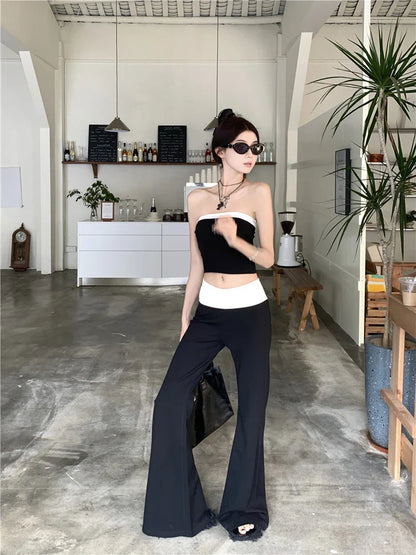 vmtvr 2024 New Temperament Fashion Gyaru Set Women Summer Contrast Color Tube Top Vest Slightly Flared Trousers Two-piece Set Fashion