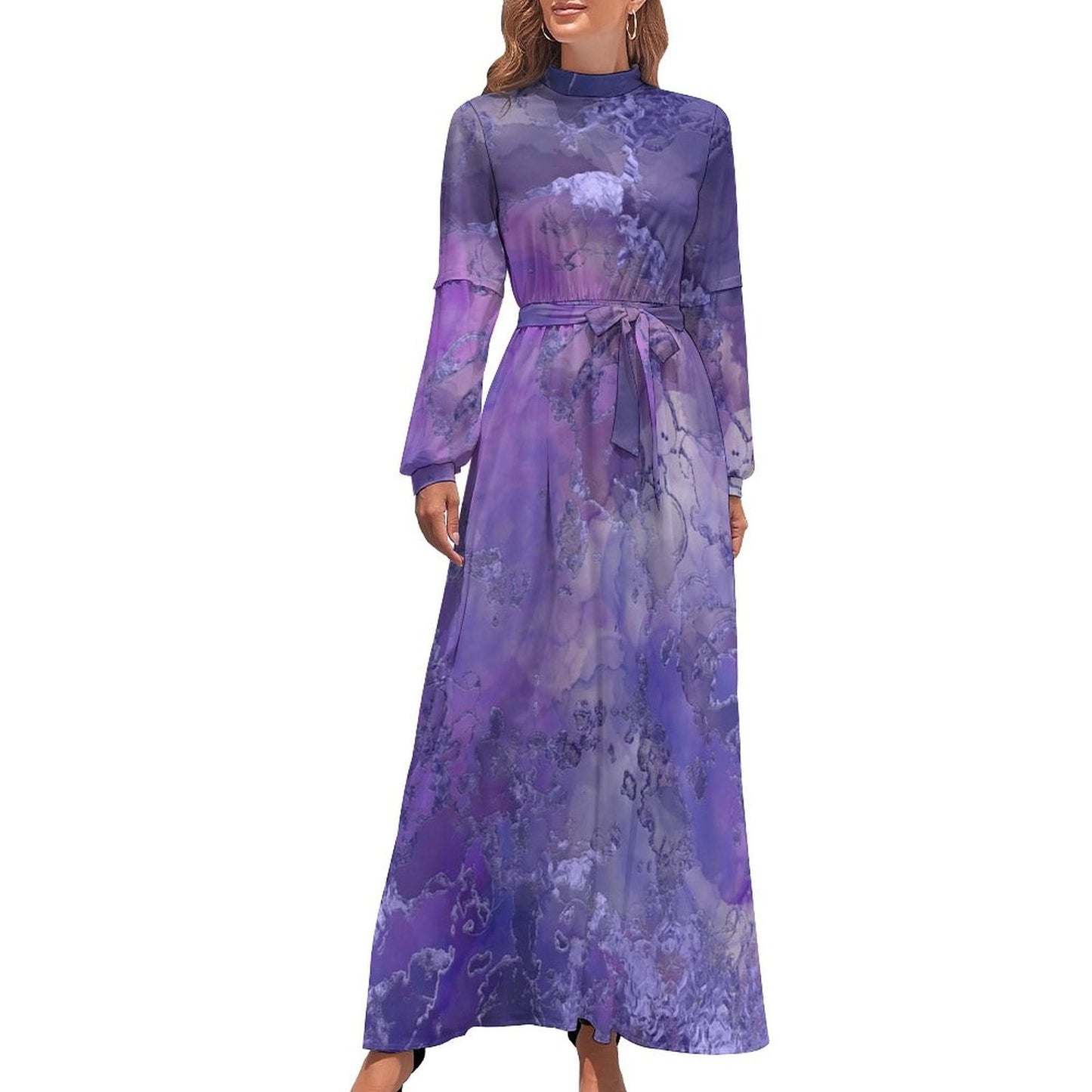 Marble Print Dress Watercolor Flow Abstract Aesthetic Bohemia Dresses Female Long Sleeve High Neck Sexy Long Maxi Dress