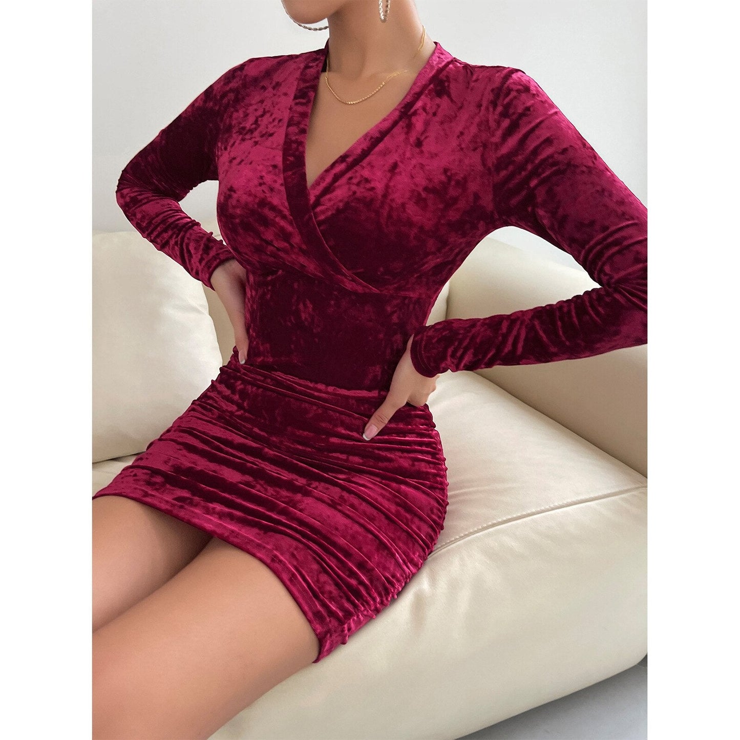 vmtvr - Black Sexy Club Dress for Women V Neck Bodycon Dress Full Sleeve High Waist Versatile Mini Dress Streetwear Ladies Fashion