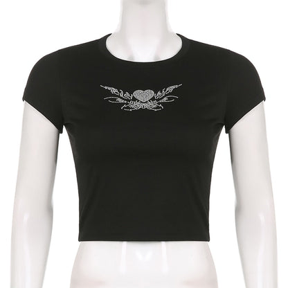 Rhinestone Butterfly Print 90S T Shirts Gothic Clothing Grunge Y2k Clothes Sexy Black Short Sleeve O-Neck Crop Top T-Shirt Women