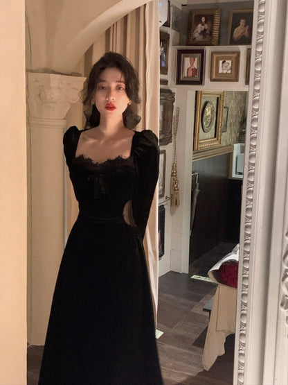 vmtvr Autumn Slim Black Velvet Dress Casual Korean Fashion Elegant Midi Dress Woman Party Long Sleeve Vintage Lace Dress Design