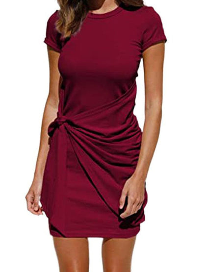 Summer Party Basic Crew Neck Dresses Ladies Short Sleeve Womens Solid Bodycon Slim Mini Dress Casual Slim Pencil Short Dress