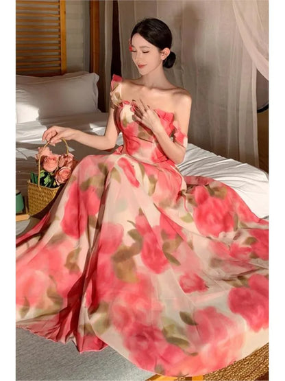 vmtvr Vintage Elegant Women's Pink Rose Print Dress Summer Square Collar Flounced Edge Slip Dress Beach Holiday Party Female Chothing