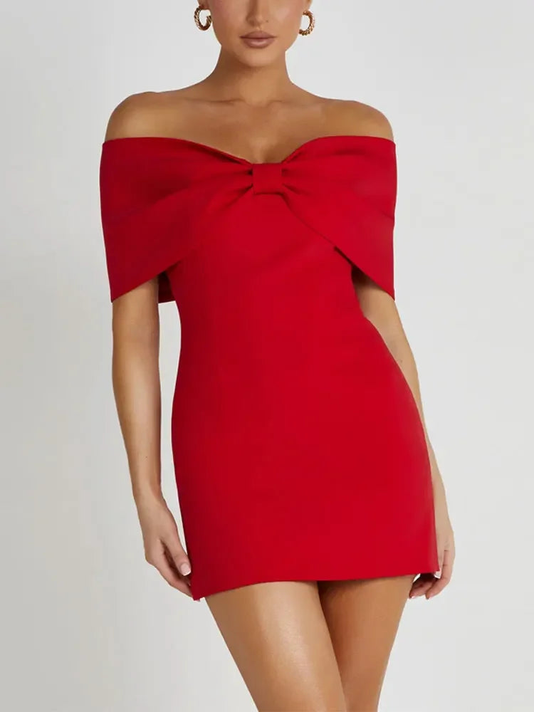 vmtvr  -  Fashion Red Bow Strapless Women Mini Dress Sexy Backless Sleeveless Bodycon Dresses Summer Female Chic New Party Club Robes