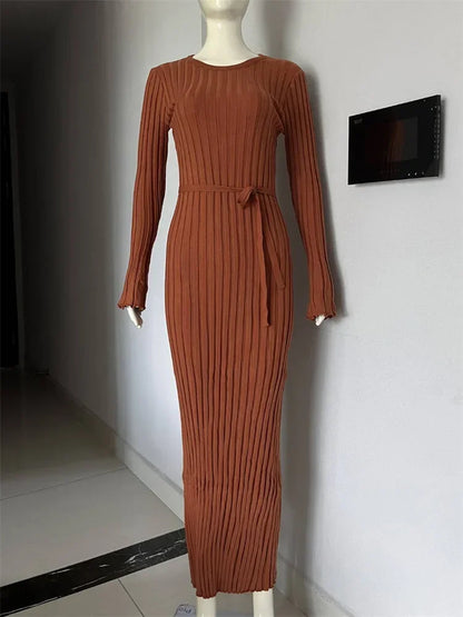 vmtvr Lace-Up Female Knit Maxi Dress Autumn High Waist Fashion Patchwork Long Sleeve Loose Solid Dress Bandage Knitwear Dress