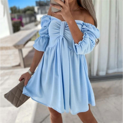 Women Elegant Lantern Half Sleeve Strapless Dress Sexy Off Shoulder Bow Pleat Loose Mini Dress Summer Casual Solid Beach Dress