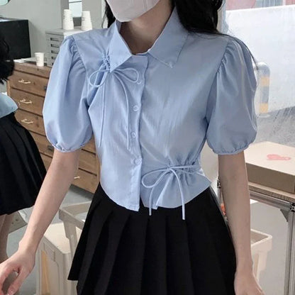 vmtvr Elegant Women Bow Shirt Korean Fashion Design Chic Tops Y2K Casual Female All Match Puff Sleeve Shirt Summer New