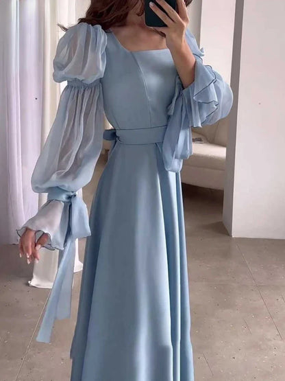 Women Spring Summer Elegant Satin Dresses Lady's Puff Sleeve Square Neck Long Skirt Fashionable Slim Fit Women's Evening Dress