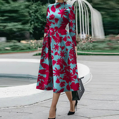 vmtvr - Elegant O Neck Office Midi Dress Fashion Colorful Print Waist Slim Party Dress Women Casual Long Sleeve Pocket Hem Boho Dresses