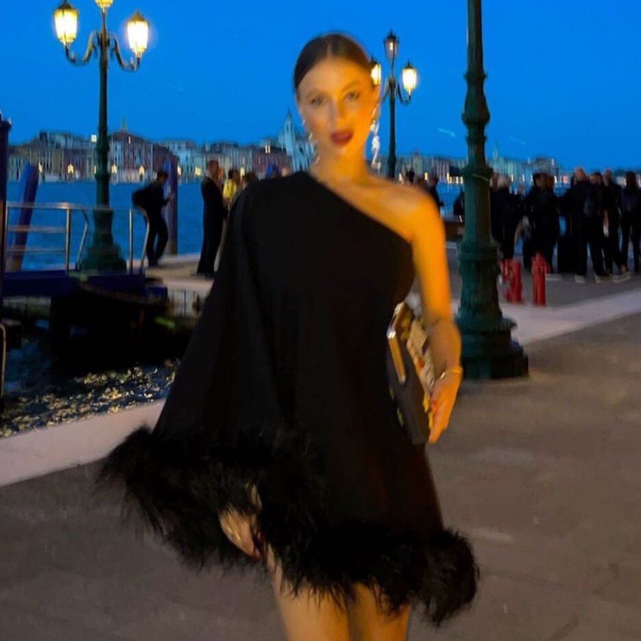 Long Sleeve Off Shoulder Dress Mini Feathers Party Club Evening Outfits Sexy Elegant Dresses Autumn Winter Women 2022