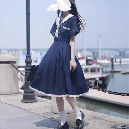 vmtvr Vintage Elegant Women Dress Japan Style Casual Patchwork Belt Female Dresses Summer Ball Gown Cute Student Pleated Dress