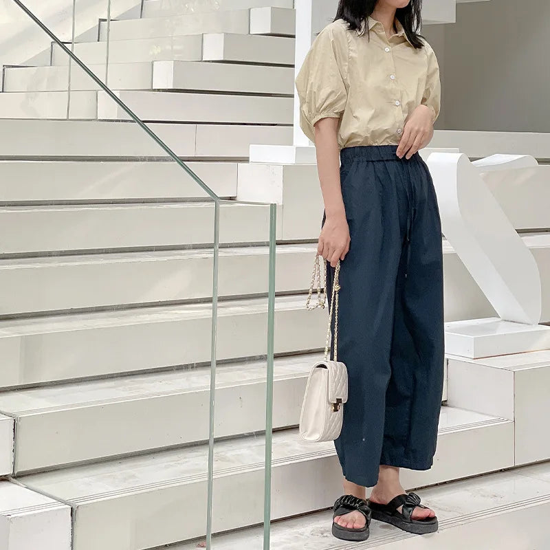 vmtvr 95% Cotton Summer Harajuku Casual Elastic Waist Ankle-length Women Pants Simple Streetwear Loose Pockets Solid Color Harem Pants