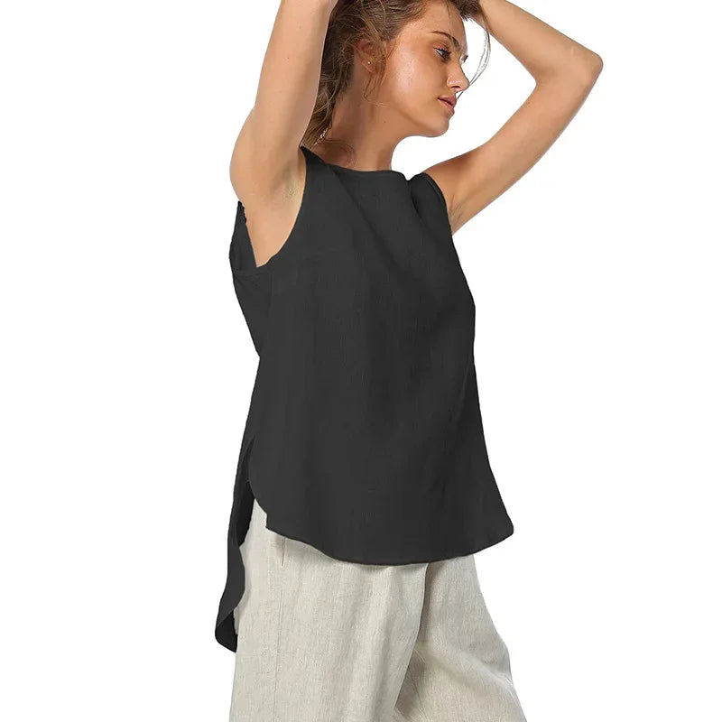 vmtvr Womens 100% Linen Tank Tops Sleeveless Casual Blouse For Summer Casual Sleeveless Asymmetrical Streetwear Blusas De Verano Mujer