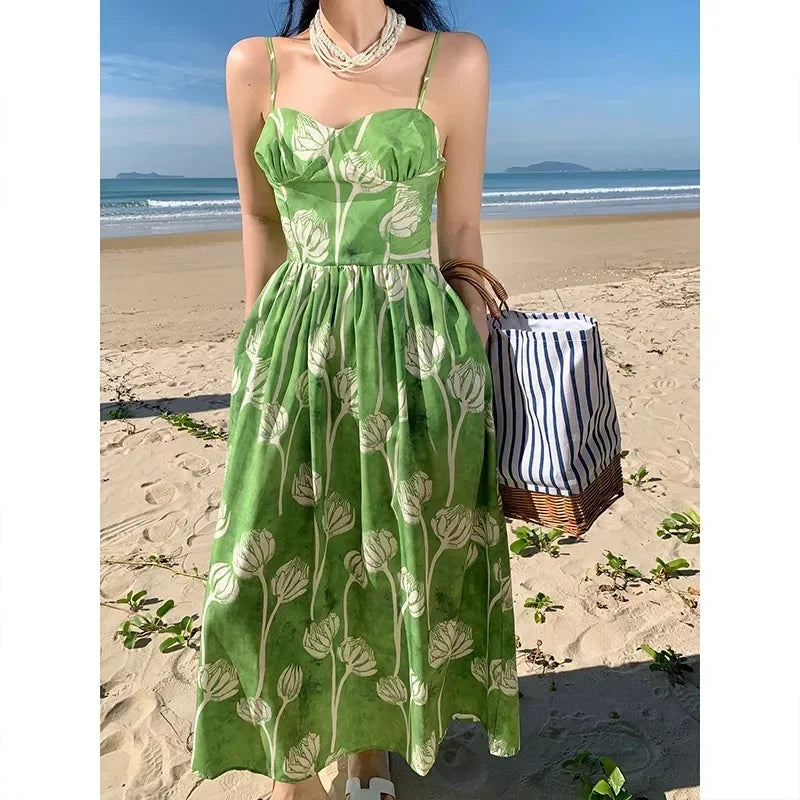 vmtvr 2024 New Summer Green Floral Vacation Dress for Women High Quality Female Korean Evening Clothing Long Sweet Boho Beach Dresses