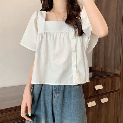 vmtvr Summer Women Shirts Korean Fashion Designed Big Button Female Shirts Casual All Match Student Short Sleeve Tops New