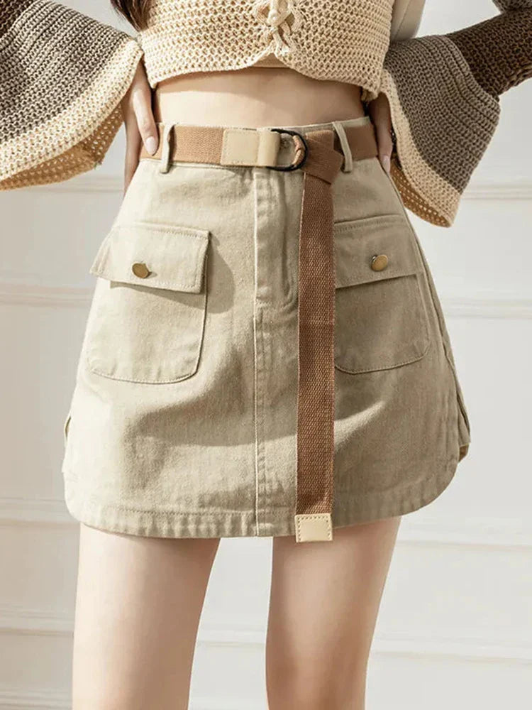 vmtvr Vintage Belt Denim Cargo Skirt Women Korean Summer Sexy High Waist Mini Skirt Fashion Harajuku Female Pockets A Line Skirt