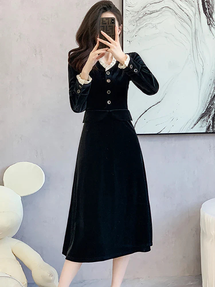 vmtvr  -  Black Velvet Chic Lace V-Neck Evening Dress for Women Autumn Winter Korean Vintage Hepburn Dress Fashion Elegant Prom Dress