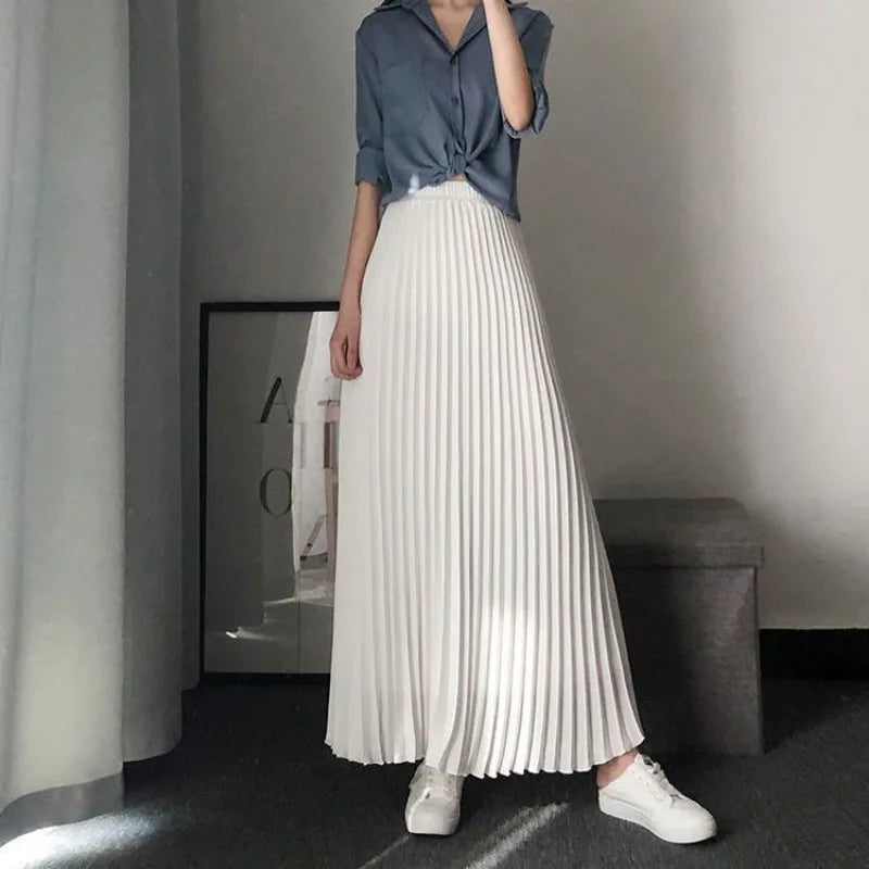 vmtvr  -  Women Long Pleated Skirts A-line Black Skirt Beach Dress High Waist Loose Vacation Design Solid Evening Dresses Women Clothing