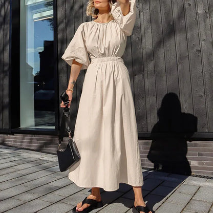 vmtvr Female Casual Solid High Waist Hollow Party Dress Spring O Neck Loose Boho Long Dress Women Puff Short Sleeve Summer Maxi Dress