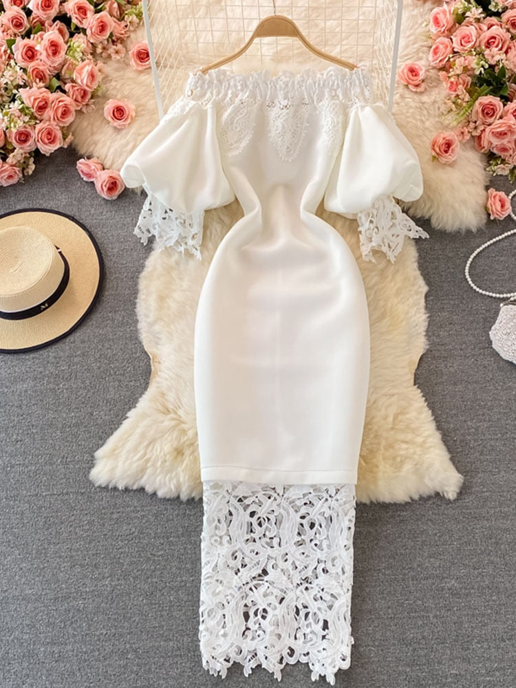 Off Shoulder Lace Evening Dresses Long Luxury 2023 Party Prom Lantern Short Sleeve White Bodycon Bandage Dress