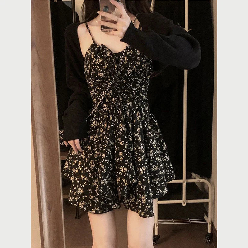 vmtvr Summer High Waist Spaghetti Strap Dress Women Korean Fashion Floral Casual Mini Dresses Y2K Female Elegant A Line Dress