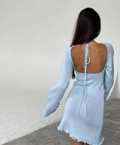 Sexy Backless Knitted Sweater Mini Dress Elegant Fashion Outfits Edible Tree Fungus Solid Long Sleeve Dresses Chic