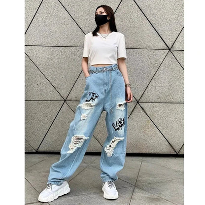 vmtvr Y2k Women Graffiti Hole Wide Leg Jeans Streetwear Fashion Casual Pants Spring Summer New High Waist Loose Vintage Denim Trousers