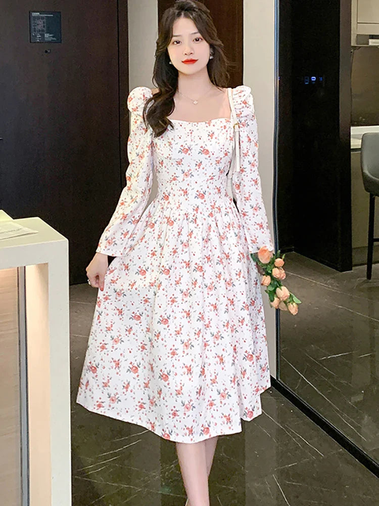 vmtvr 2024 Pink Floral Chiffon Square Collar Sexy Midi Dress Women Boho Fashion Light Casual Dress Autumn Korean Elegant Bodycon Dress