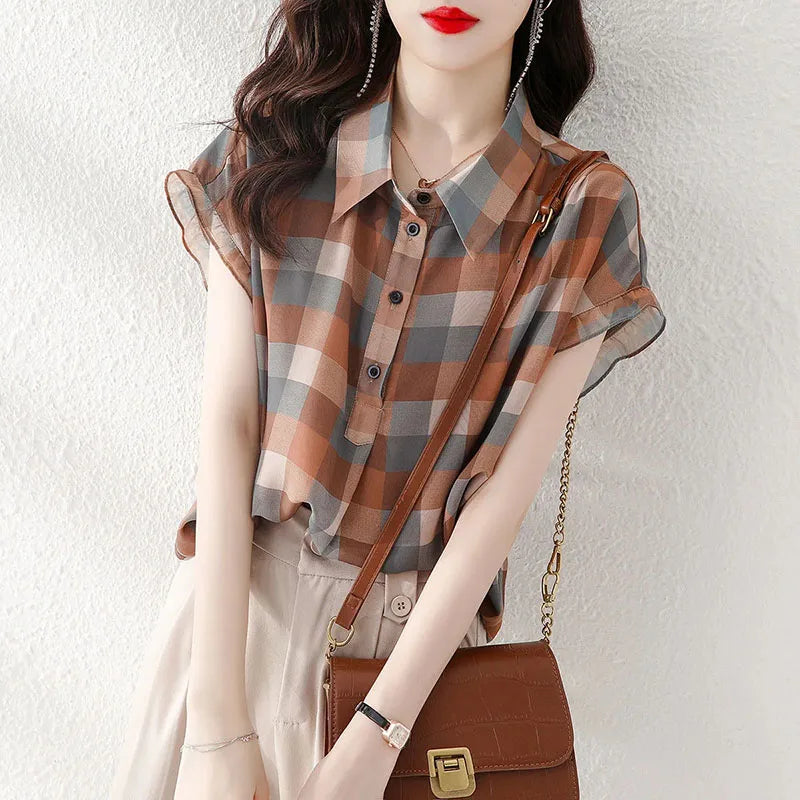 vmtvr Elegant Women Plaid Shirts Summer Korean Fashion Streetwear Female Loose Short Sleeve Tops Y2K All Match Casual Blouse