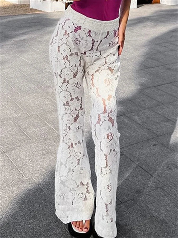 vmtvr White Printed High Waist Straight Legg Women Patchwork Hollow Out Fashion See-Through Lace Women's Pants Summer Clothes