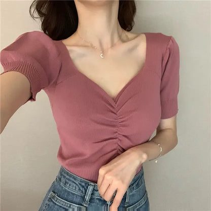 vmtvr Summer Women Solid Slim Knitted T-shirt Versatile Fashion Short Tees Female Korean Clothing V-neck Short Sleeve Casual Sexy Tops