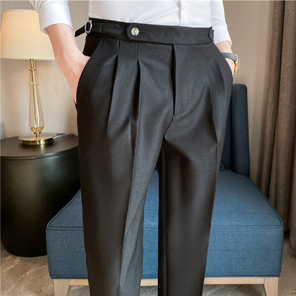 jiaabc British Style Men High Waist Casual Business Dress Pants Streetwear New Fashion Social Belt Decoration Slim Fit Suit Pants