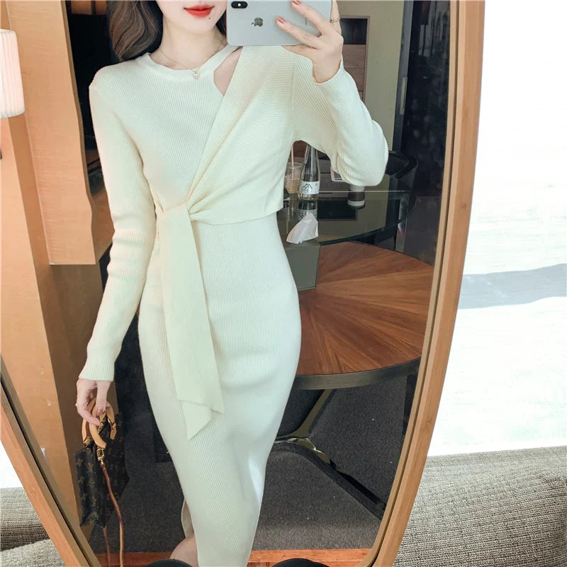 vmtvr Vintage Solid Knitted Dress Women Autumn Winter Elegant Lady Bandage Slim Sexy Midi Dress French Sweater One-piece Dress