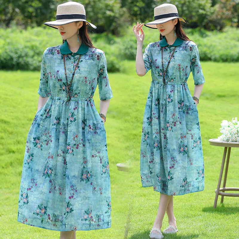 New Arrival Fashion Casual Loose Dress Drawstring Print Vintage Short Sleeve Women Summer Elegant Holiday Dresses Clothing