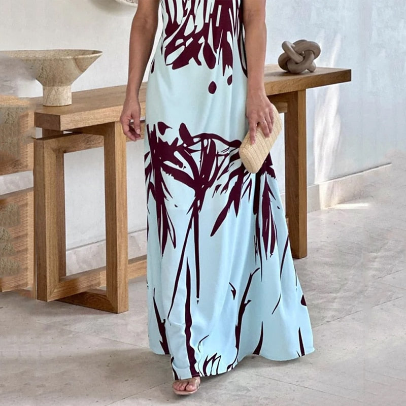 Women Maxi Dress Print Elegant Halter Neck Sleeveless Lace Up Backless Loose Beach Party Long Dresses High Streetwear