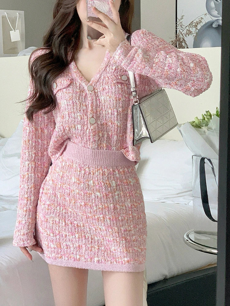 vmtvr Two Piece Dress Set Sweet Cardigan Sweater + Slim Skirt Pink Elegant Y2k Mini Dress Autumn Office Lady Casual Knitted Suits