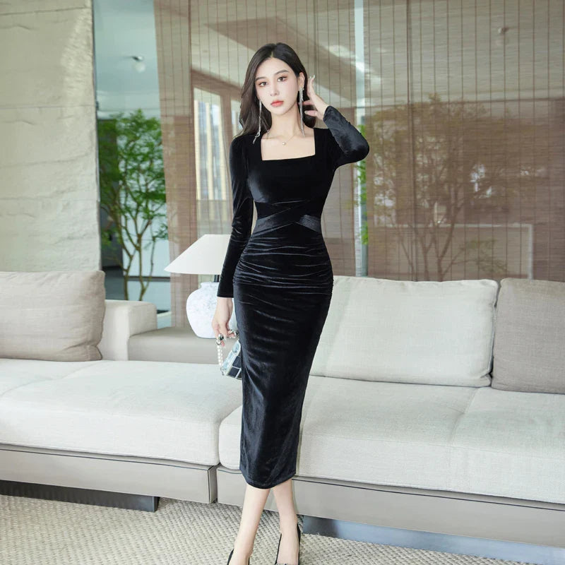 vmtvr  -  Dress Women's New Autumn and Winter Style Elegant High Waist Slim Mid-Length Square Neck Long Sleeve Velvet Dress for Women