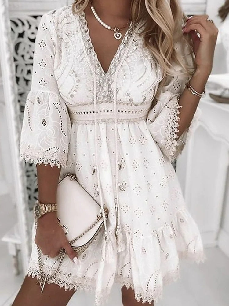 vmtvr - Elegant Lace Mini Dress Women Three Quarter Sleeve Dress Female V Neck Patchwork Lace Up Dress Ladies Vacation Beach Dress