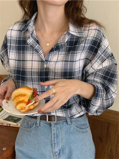 vmtvr Women Blouse Female Shirt Summer Womens Blouses Spring Blusas Casual Elegant Vintage Long Sleeve Cotton Oversize Loose Plaid