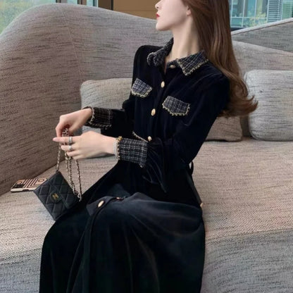 vmtvr  -  Autumn Elegance Simple Small Fragrance Dress Women Waist Closing Slim Polo Neck Button Long Sleeve High End Black Velvet Dresses