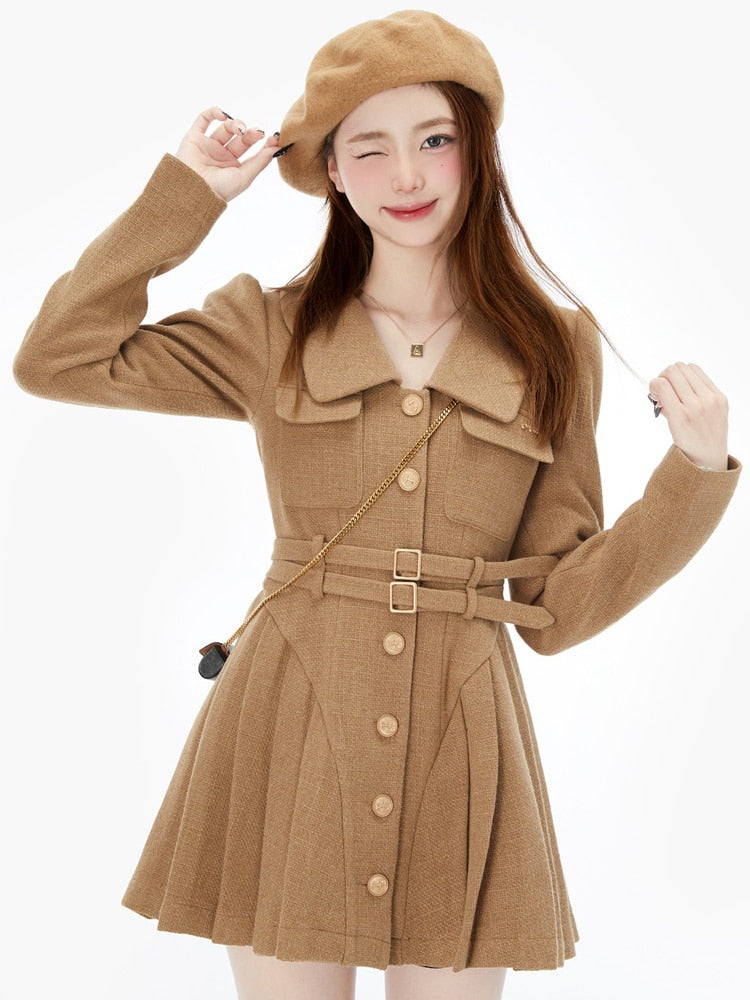 vmtvr France Vintage Party Mini Dresses Women Korean Style Elegant Pleated Dress Female Warm Sweet Retro Dress Coat Autumn Winter