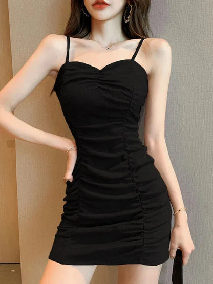 vmtvr Simple Knit Women Sexy Strap Dress Korean Fashion Wrinkle Solid Color Slim Mini Dress Summer Sweet Sleeveless Female Dress