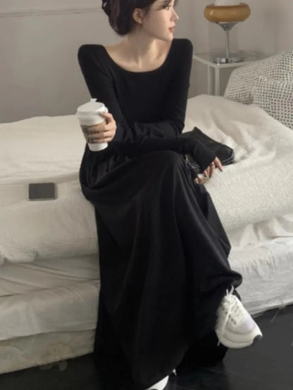 vmtvr Casual Long Dresses For Women Backless Long Sleeve O-Neck Autumn Spring Korean Fashion Solid A-Line Y2K Vestidos Mujer