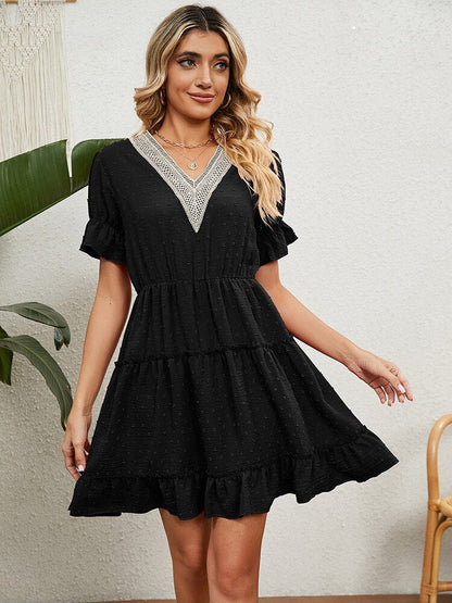 Summer Short Sleeve Dresses For Women Fashion Lace Stitching V Neck Elegant Plus Size Beach Casual Ruffles Mini Dress Vestidos