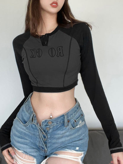 -Fall Outfits -Fall Outfits Long Sleeve Top  Casual Patchwork Line Stitching Autumn T-Shirts For Women Long Sleeve Sweat Tee Letter Korean Slim Crop Tops Contrast